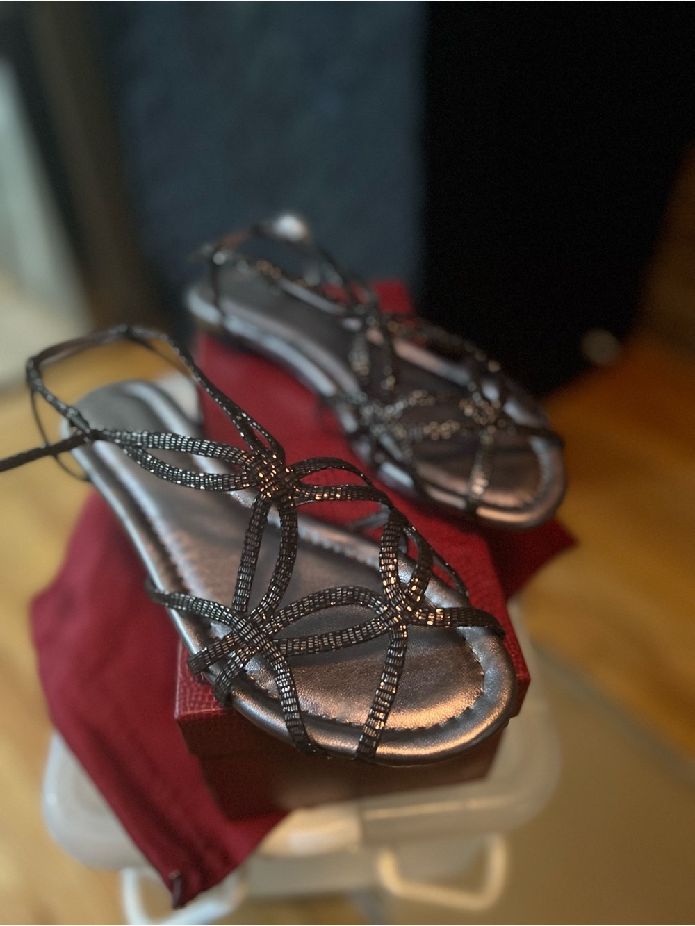 Tamara Mellon Metallic Black Strappy Crystal Sandals
